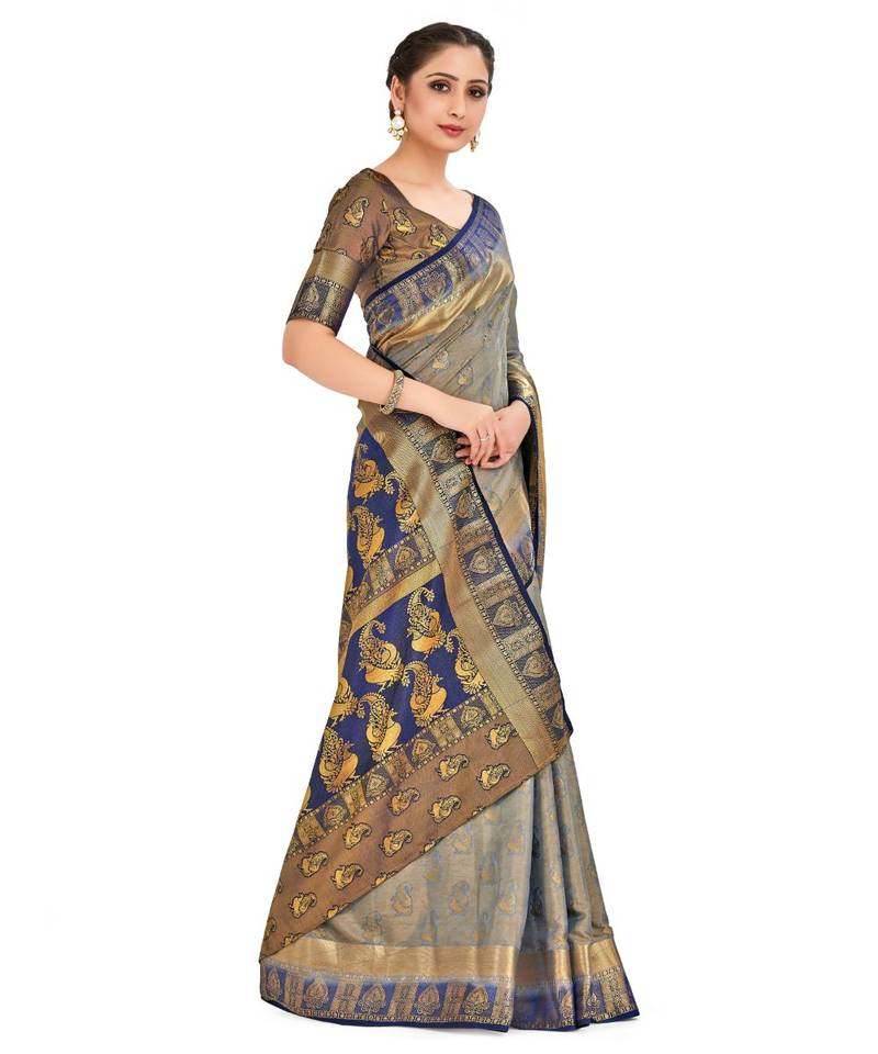 Grey Woven Art Silk Saree With Blouse