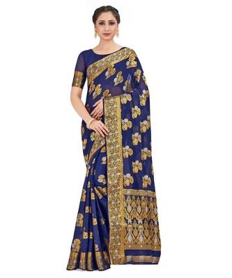 Blue Woven Chiffon Saree With Blouse 1