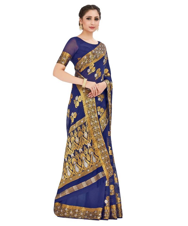 Blue Woven Chiffon Saree With Blouse