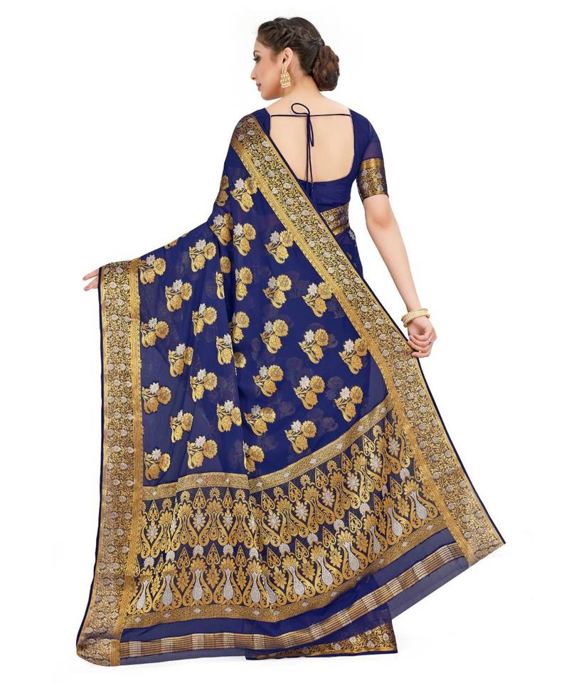 Blue Woven Chiffon Saree With Blouse