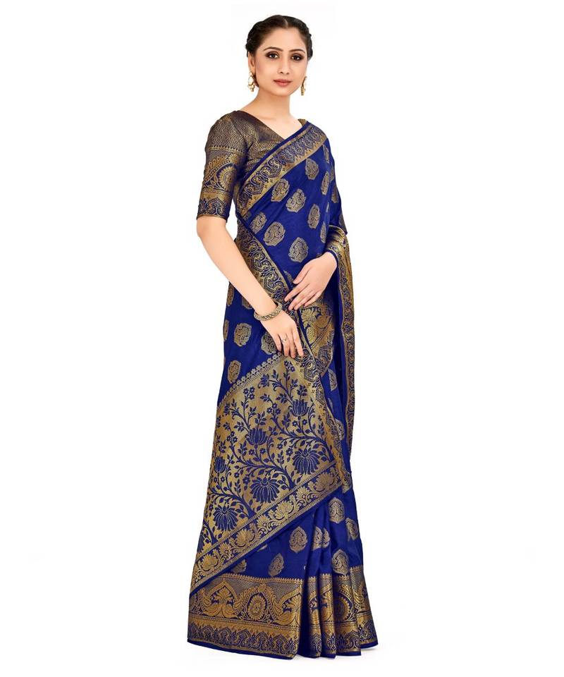 Blue Woven Art Silk Saree With Blouse