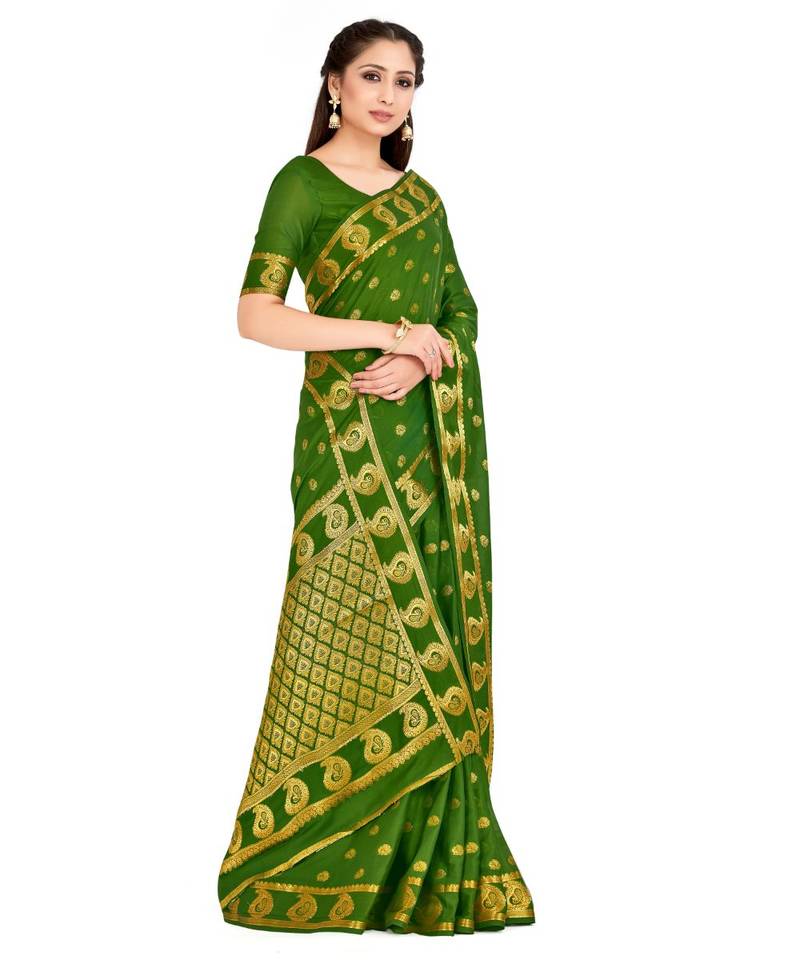 Green Woven Crepe Saree With Blouse