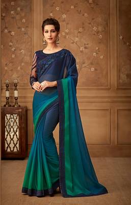 Blue Embroidered Silk Blend Saree With Blouse 1