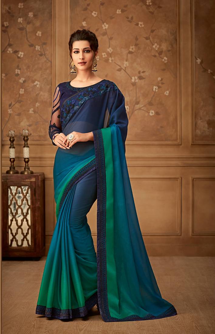 Blue Embroidered Silk Blend Saree With Blouse