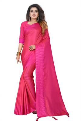 Pink plain silk saree with Blouse Unstitched 1