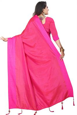 Pink plain silk saree with Blouse Unstitched 2