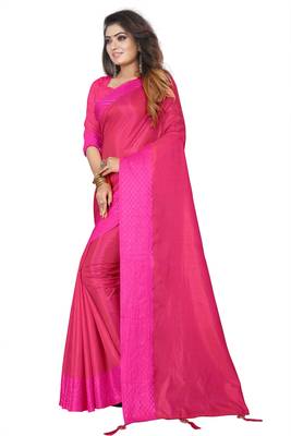 Pink plain silk saree with Blouse Unstitched 3