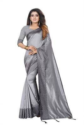 Grey plain silk saree with Blouse Unstitched 1