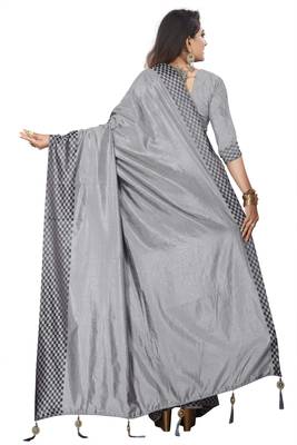 Grey plain silk saree with Blouse Unstitched 2