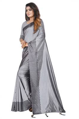 Grey plain silk saree with Blouse Unstitched 3