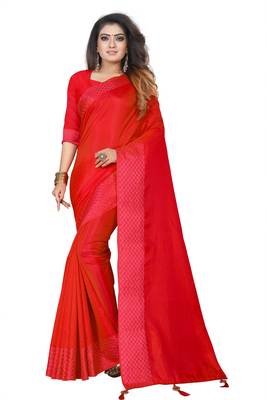 Red plain silk saree with Blouse Unstitched 1