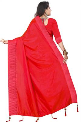 Red plain silk saree with Blouse Unstitched 2