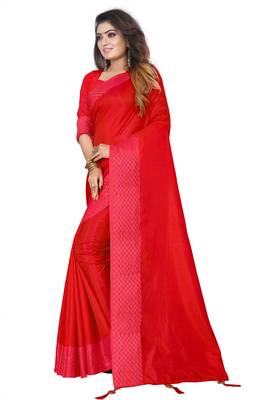 Red plain silk saree with Blouse Unstitched 3