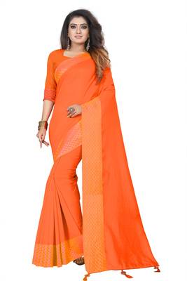 Orange plain silk saree with Blouse Unstitched 1