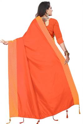 Orange plain silk saree with Blouse Unstitched 2