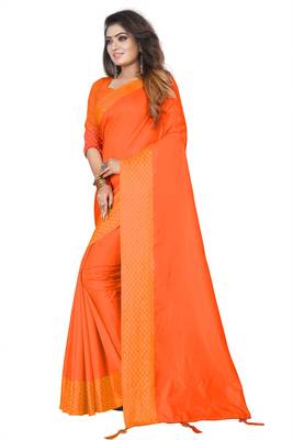 Orange plain silk saree with Blouse Unstitched 3