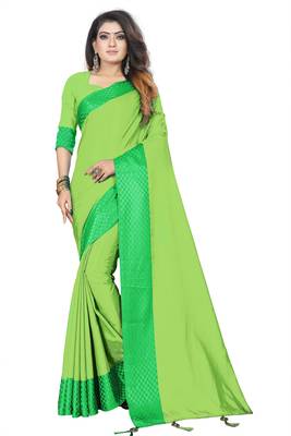 Light green plain silk saree with Blouse Unstitched 1