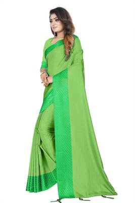 Light green plain silk saree with Blouse Unstitched 3