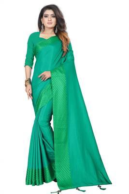 Dark green plain silk saree with Blouse Unstitched 1