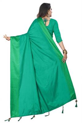 Dark green plain silk saree with Blouse Unstitched 2