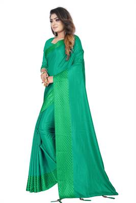 Dark green plain silk saree with Blouse Unstitched 3