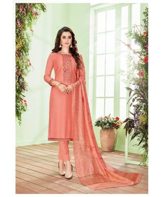 Peach Embroidered Cotton Silk Salwar With Dupatta 1