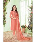 Peach Embroidered Cotton Silk Salwar With Dupatta