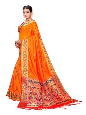 Orange Woven Poly Silk Saree With Blouse 2