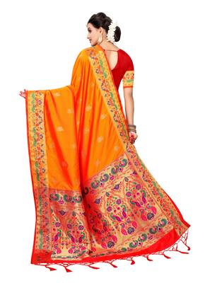 Orange Woven Poly Silk Saree With Blouse 3