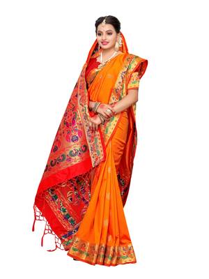 Orange Woven Poly Silk Saree With Blouse 4