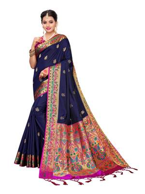 Navy Blue Woven Poly Silk Saree With Blouse 1