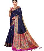 Navy Blue Woven Poly Silk Saree With Blouse