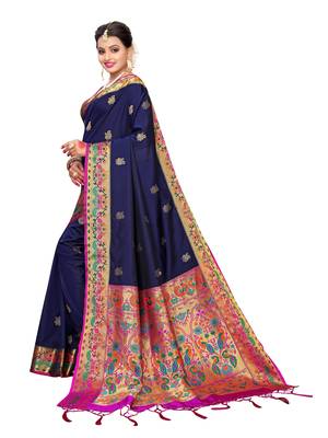 Navy Blue Woven Poly Silk Saree With Blouse 2