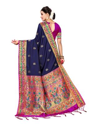 Navy Blue Woven Poly Silk Saree With Blouse 3
