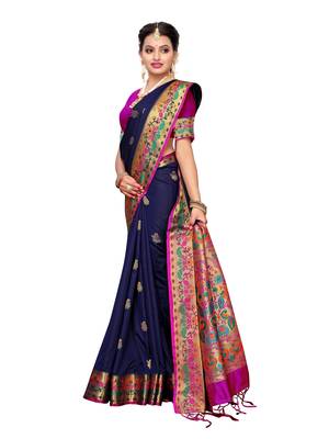 Navy Blue Woven Poly Silk Saree With Blouse 4