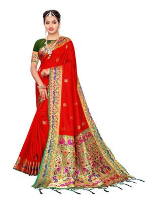 Red woven poly silk saree with blouse 1