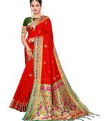 Red woven poly silk saree with blouse