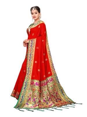 Red woven poly silk saree with blouse 2