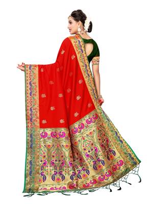 Red woven poly silk saree with blouse 3