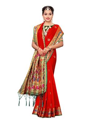 Red woven poly silk saree with blouse 4