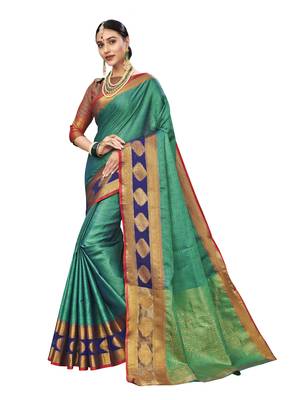 Turquoise Woven Tissue Saree With Blouse 1