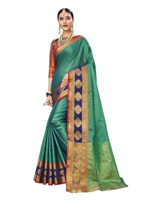Turquoise Woven Tissue Saree With Blouse 2