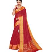 Red Woven Cotton Silk Saree With Blouse