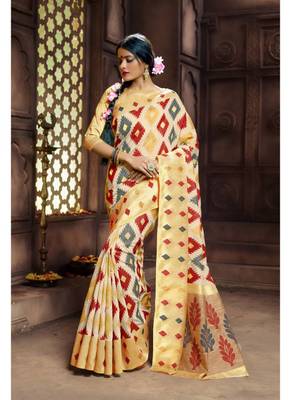 Cream woven banarasi silk saree with blouse 1