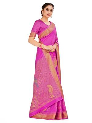 Pink Woven Art Silk Saree With Blouse 2