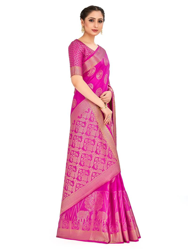 Pink Woven Art Silk Saree With Blouse