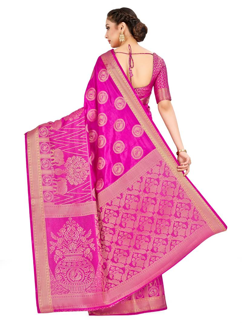 Pink Woven Art Silk Saree With Blouse