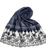 Blue Stole For Women  Premium Cotton  Double Bordered Fringe's Hijab