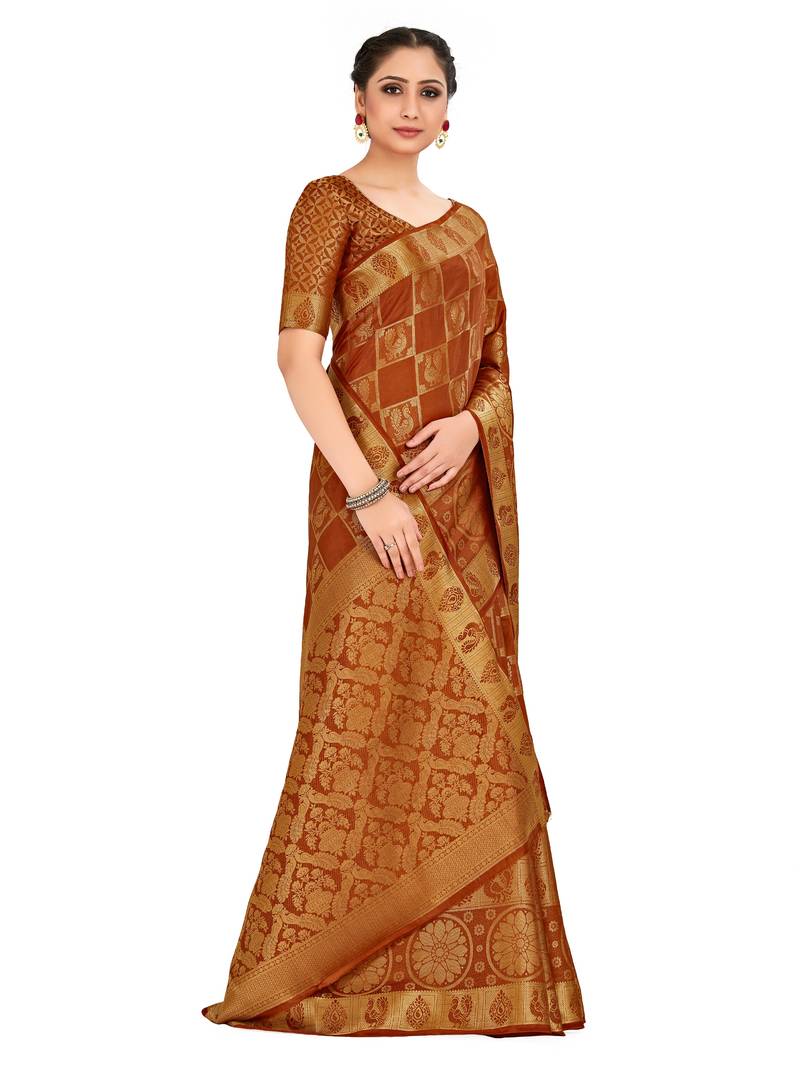 Rust Woven Art Silk Saree With Blouse