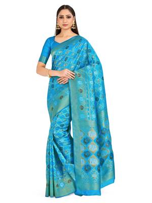 Turquoise Woven Art Silk Saree With Blouse 1